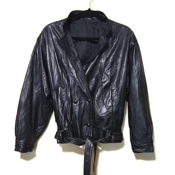 Vintage 80's St. Michael Black Cropped Leather Moto Bomber